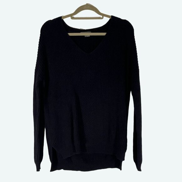Vince Cotton Ribbed Knit Dropped Shoulder V-Neck Chunky Knit Sweater Black Small - Picture 1 of 7